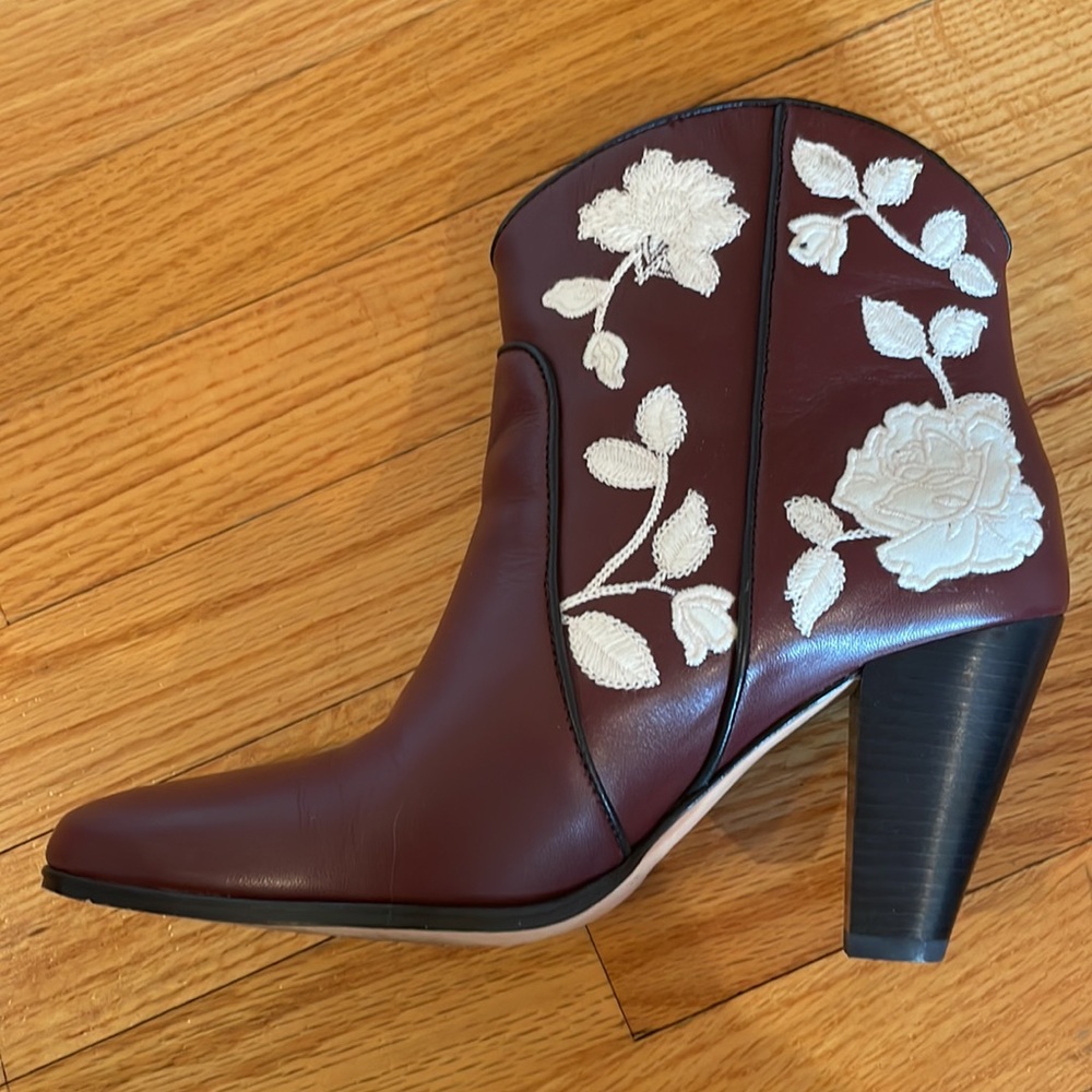 Kate Spade Burgundy Leather Ankle Boots with White Floral Embroidery - Picture 6 of 16